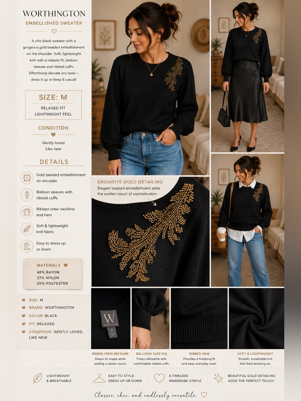 Worthington Black Crewneck Sweater with Gold Beaded Shoulder Detail